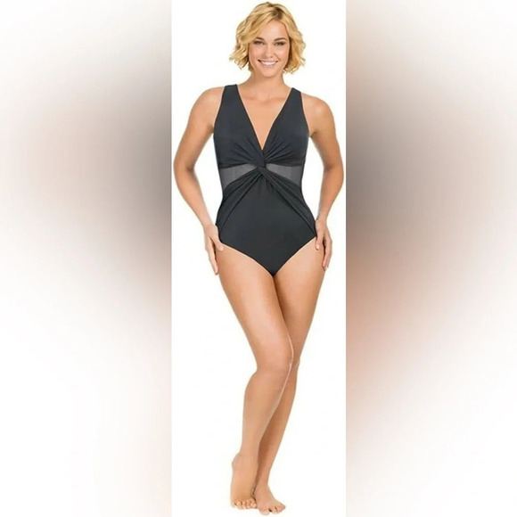 Miraclesuit Twist Front Mesh Panel Tummy Control One Piece Swimsuit Size 18 - Picture 2 of 9